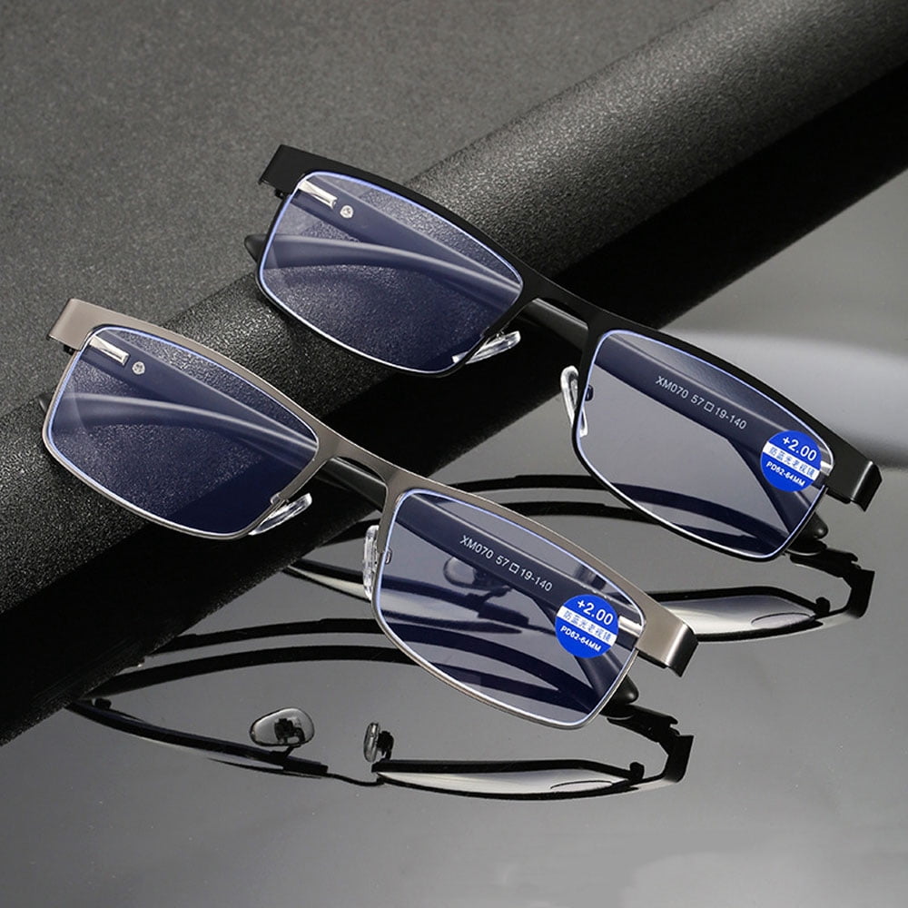 2 Pairs of Mens Rimmed Blue Light Blocking Reading Glasses +2.0, Metal Spring Hinges Classic Readers 2.0