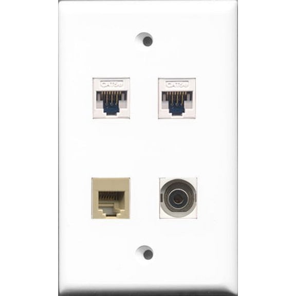 RiteAV - 1 Port Phone RJ11 RJ12 Beige and 1 Port 3.5mm 2 Port Cat5e Ethernet White Wall Plate