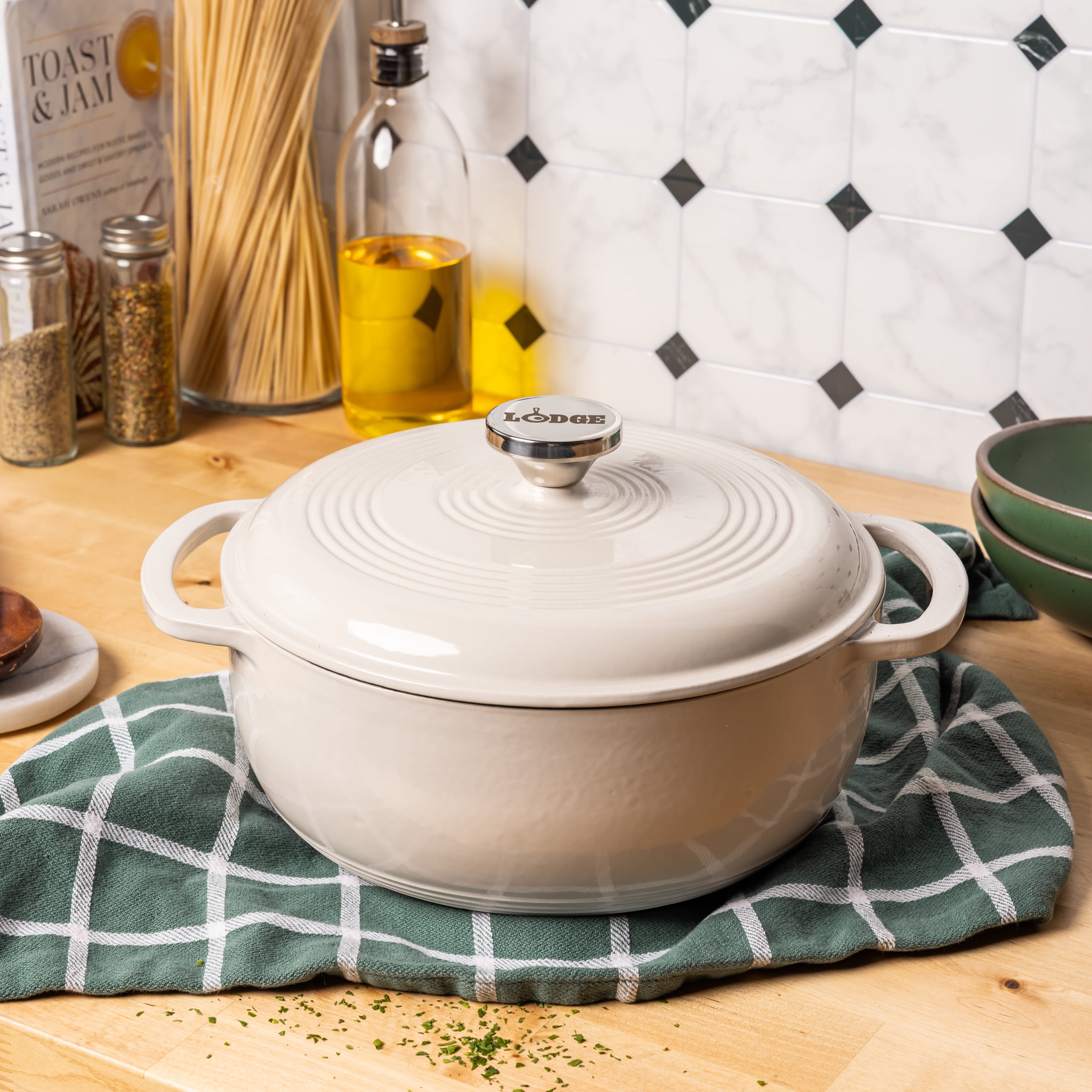 Lodge 4.5 Quart Enameled Cast Iron Dutch Oven with Lid – Dual Handles – Oven Safe up to 500° F or on Stovetop - Use to Marinate, Cook, Bake, Refrigerate and Serve – Oyster