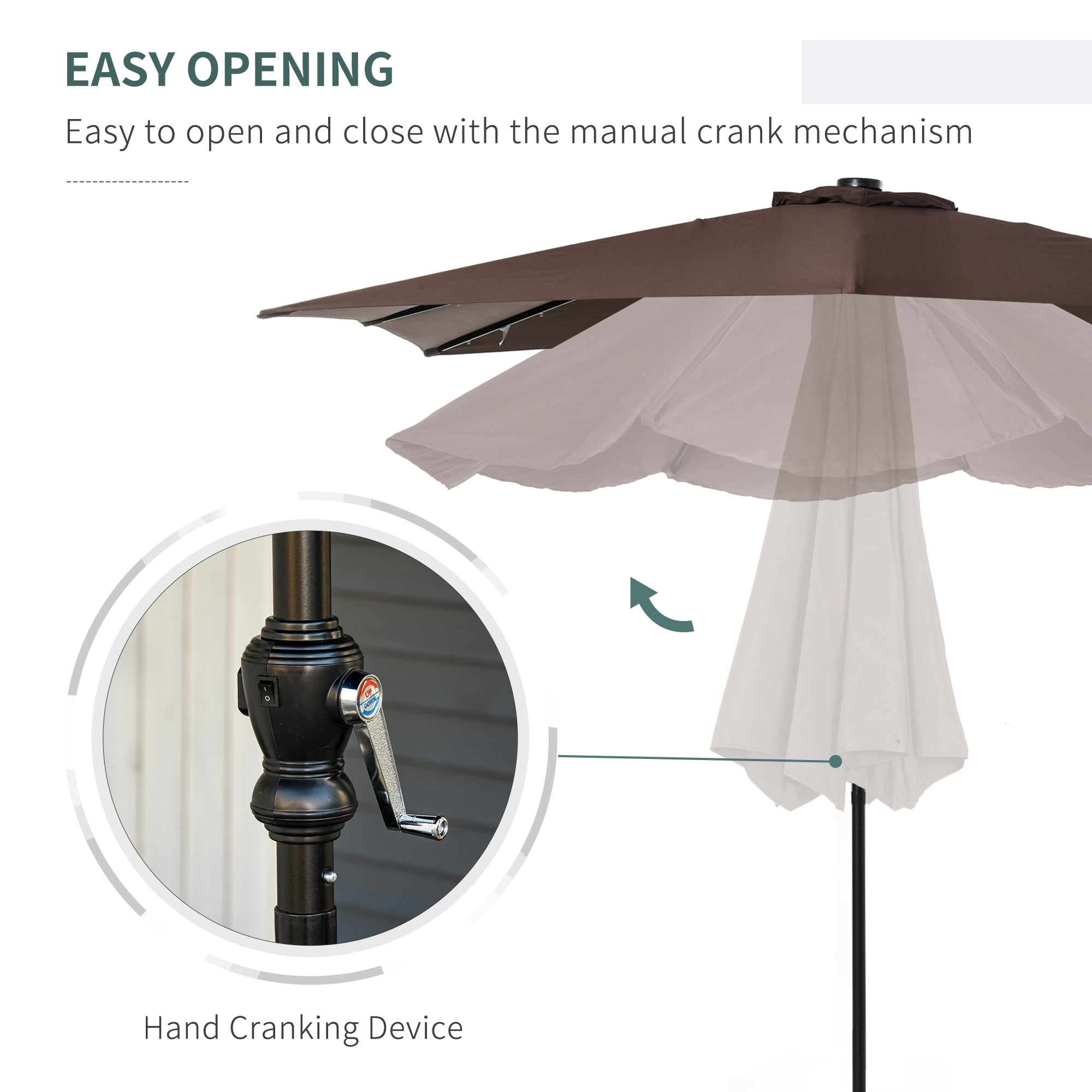 Homiyad 9' x 7' Patio Umbrella Outdoor Table Market Umbrella with Crank, Solar LED Lights, 45° Tilt, Push-Button Operation, for Deck, Pool, Brown