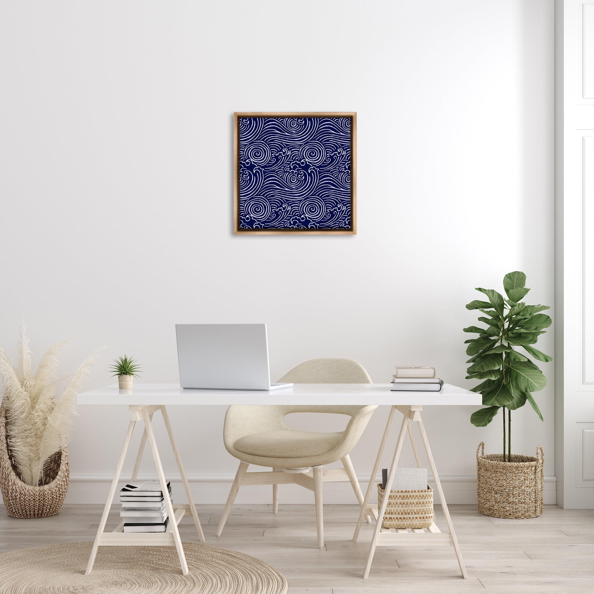 Stupell Industries Blue Traditional Waves Nature Painting Brown Floater Framed Canvas Art Print Wall Art, 25 x 25