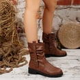 thumbnail image 5 of Womens Buckle Mid Calf Combat Boots Motorcycle Riding Platform Leather Lug Sole Zipper Comfortable Durable Waterproof Outer Outdoor Autumn Winter Streetwear Party Casual Walking,Brown 6, 5 of 6