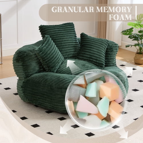 Oversized Bean Bag Chair with Armrest & 3 Pillows, Corduroy Bean Bag Sofa for Adults, High-Density Memory Foam Filling, Lazy Lounger for Bedroom, Living Room, Dorm,  Emerald