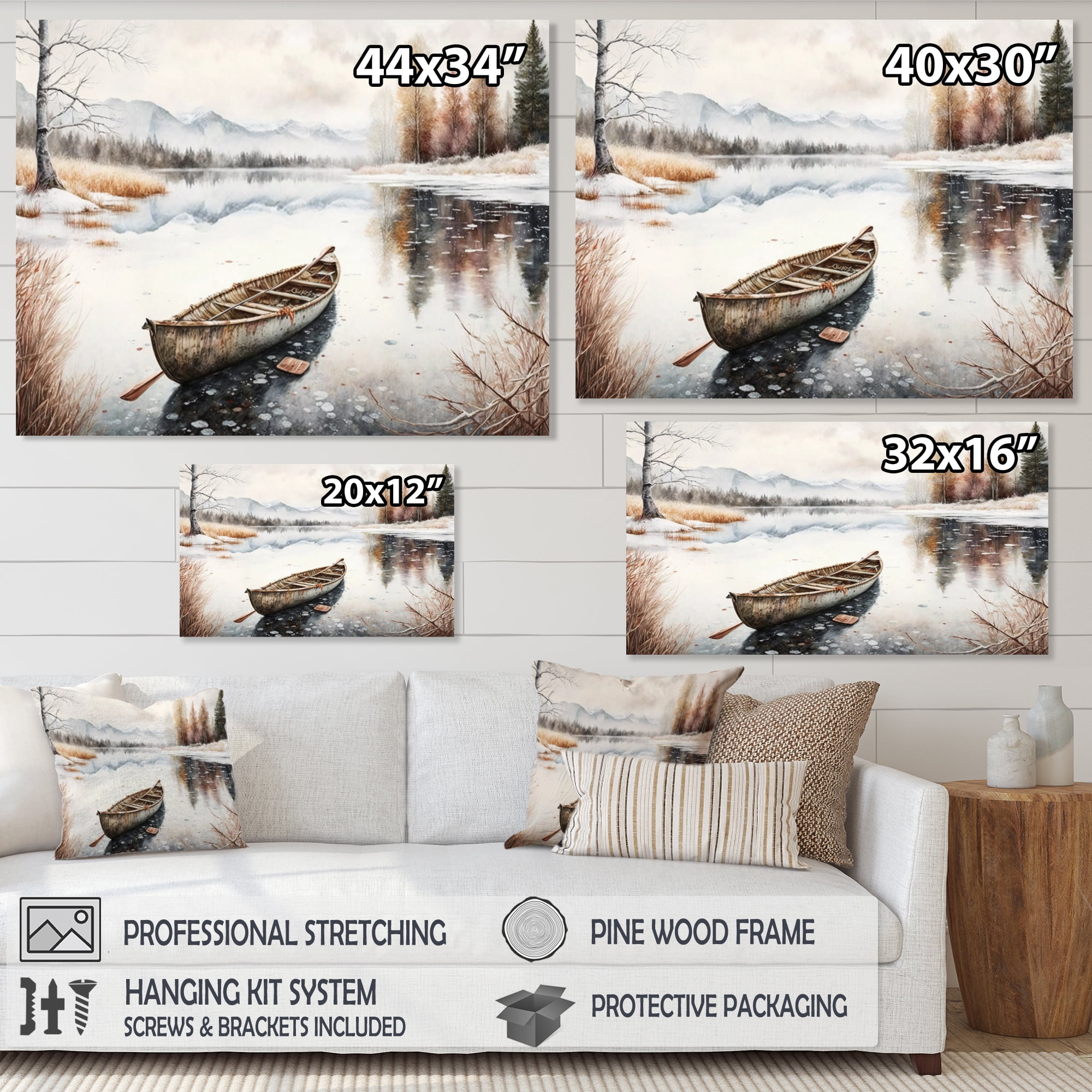 Designart Winter Scene With Canoe I Canvas Wall Art