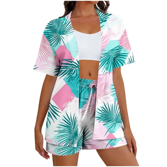 Women 2 Piece Sets Comfy Beach Vacation Elastic Waistband Drawstring Shorts Summer Solid Color Short Sleeve Cardigan Breathable Outfits