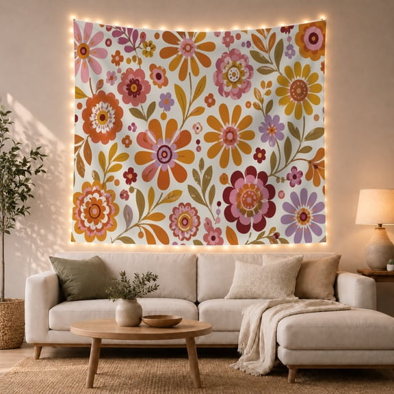 Retro Floral Pattern With Orange and Pink Blooms, Playful Vintage Style for Flower Lovers, Botanical Wall Art, Mother's Day Gift, Tapestry Wall Hanging for Bedroom and Living Room