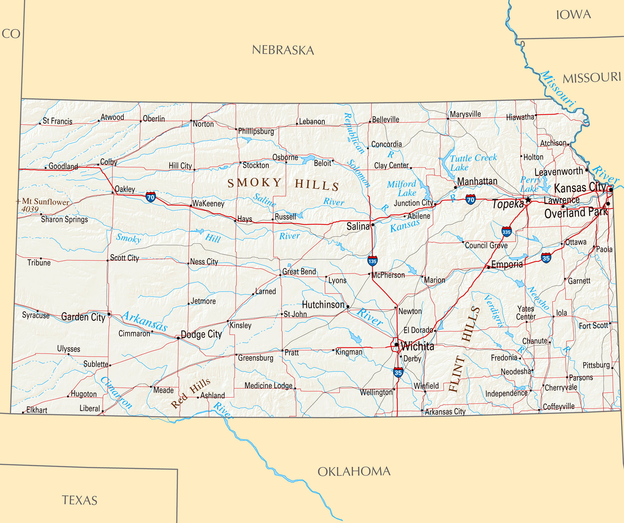 Large Map Of Kansas State With Roads Highways Relief And Major Cities ...