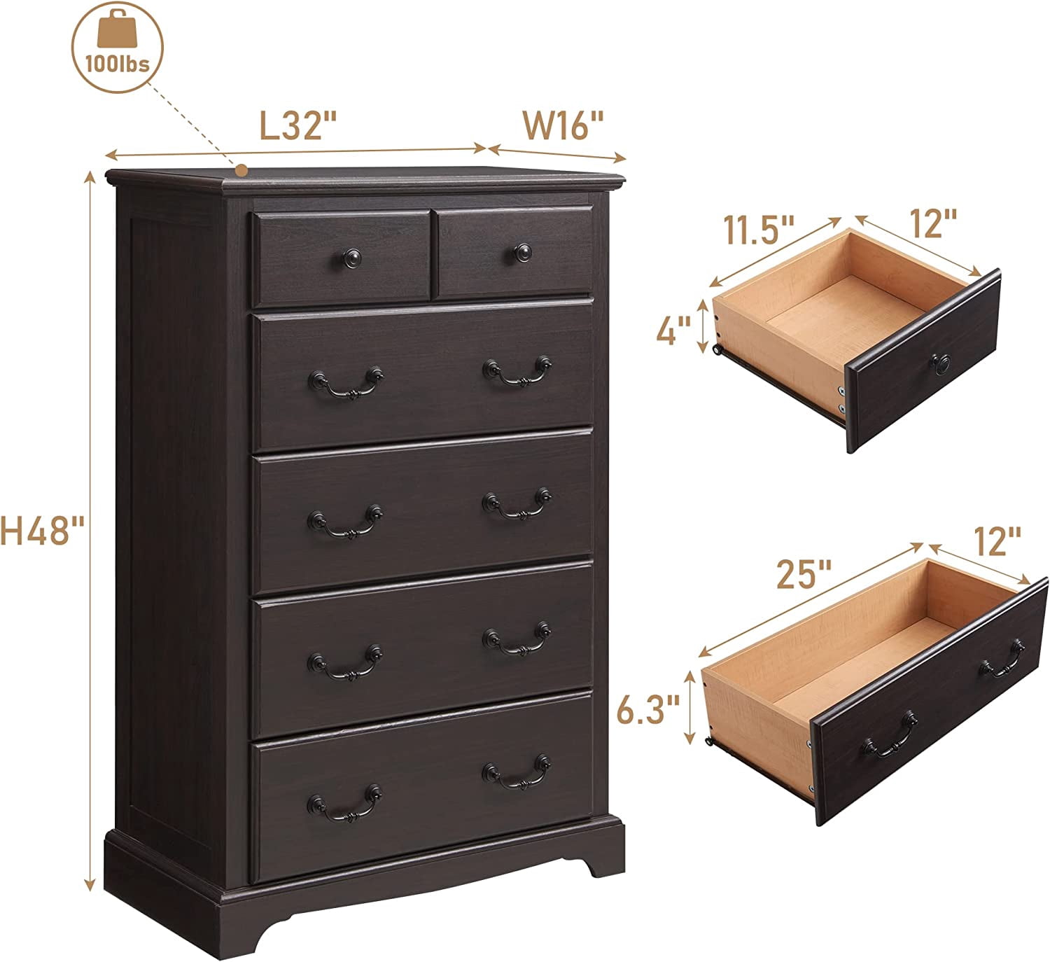 OKD 48" Tall 6 Drawers Dresser for Bedroom, Farmhouse Wooden Chest of Drawers, Closet Clothes Storage Organizer for Bedroom, Living Room, Espresso
