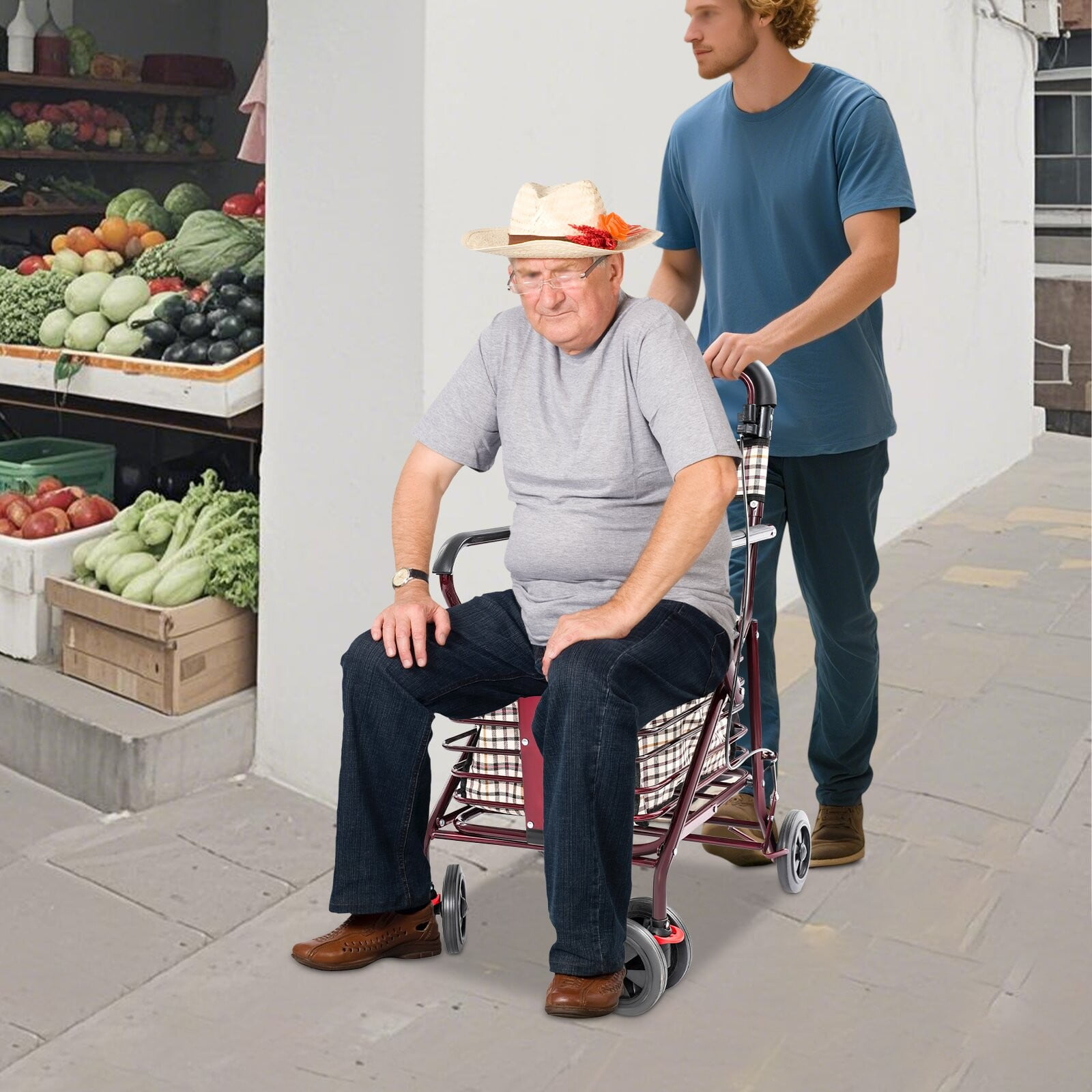 Storage Cart Foldable Rolling Walker with Seat 22*35.4in for Seniors, Walking Aids w/Seat