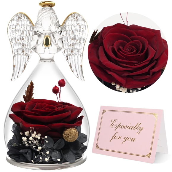 Figura Ángel Yamónico con rosa roja preservada 13x8 cm