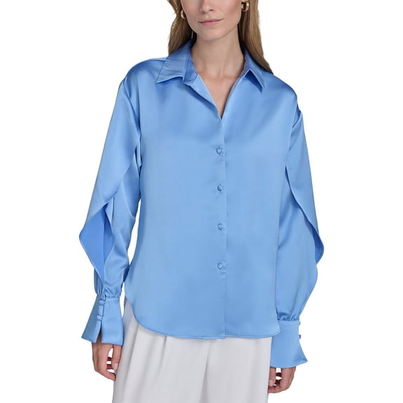 Halston womens Ruffle Sleeve V-Neck Blouse, m, Blue