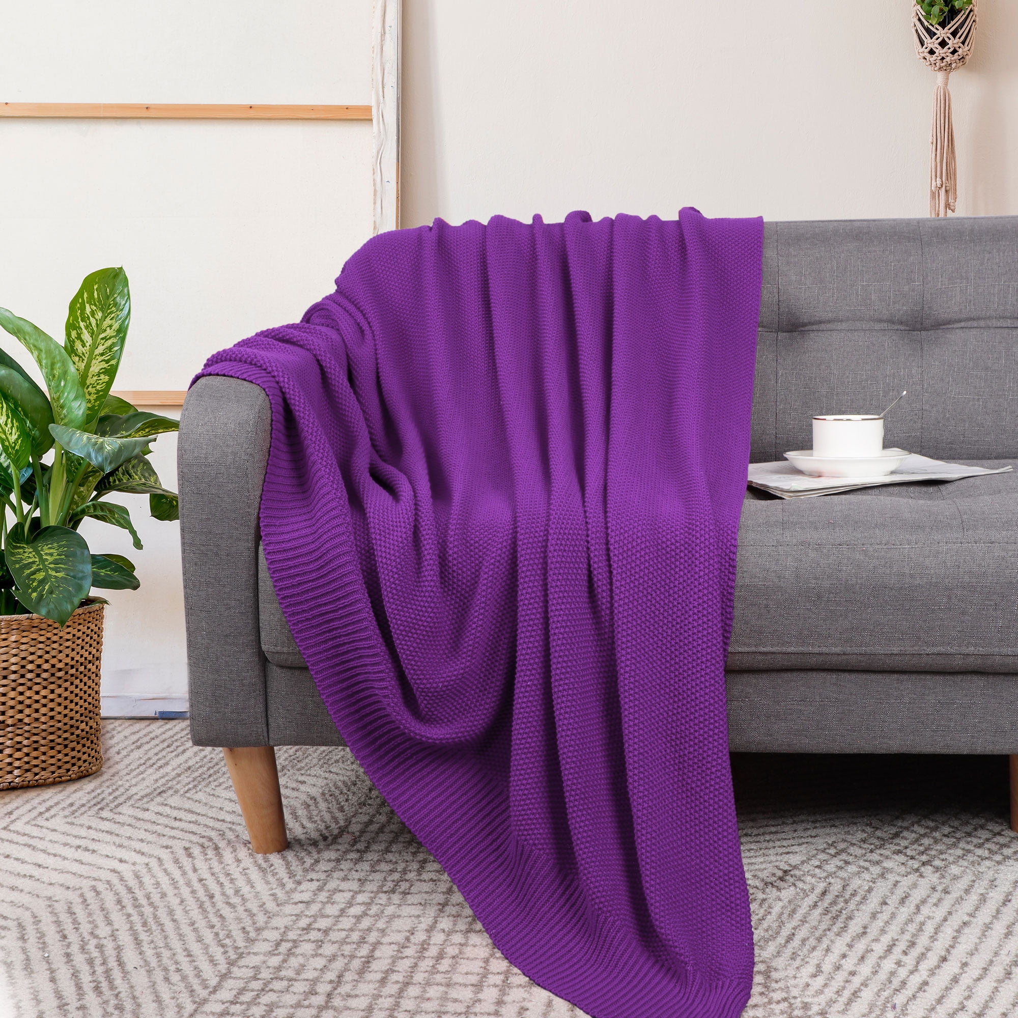 Unique Bargains Pure Cotton Soft Cable Knit Throw Blanket Purple 51" x 59"