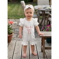 thumbnail image 4 of BemeyourBBs She‘s Here Baby Girls Spring Summer Fall Clothes Newborn Baby Girl Hospital Going Home Outfit Waffled Romper Bow Letter Print Ruffle Short Sleeve One Piece Jumpsuit with Headband, 4 of 9