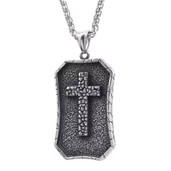 PAMTIER Men's Stainless Steel Personality Vintage Crack Pattern Cross Dog Tag Biker Pendant Crucifix Necklace with Chain