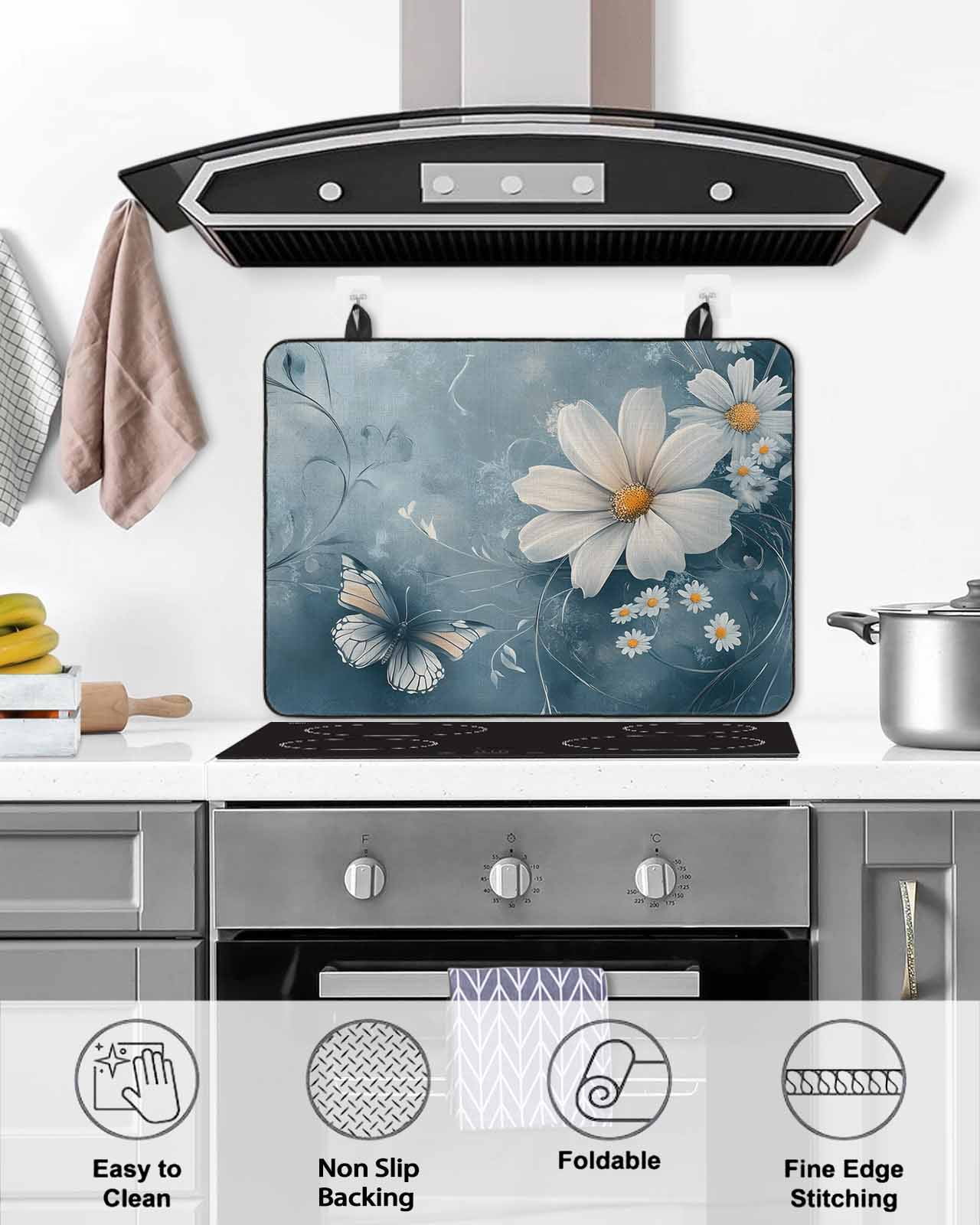 nqOlkjepod Large Induction Cooktop Protector Mat 24"x21", White Daisy Flowers Stove Top Covers for Electric Stove, Pastoral Modern Butterfly Botanical Stove Burner Cover Mats, Glass Top Stove Cover