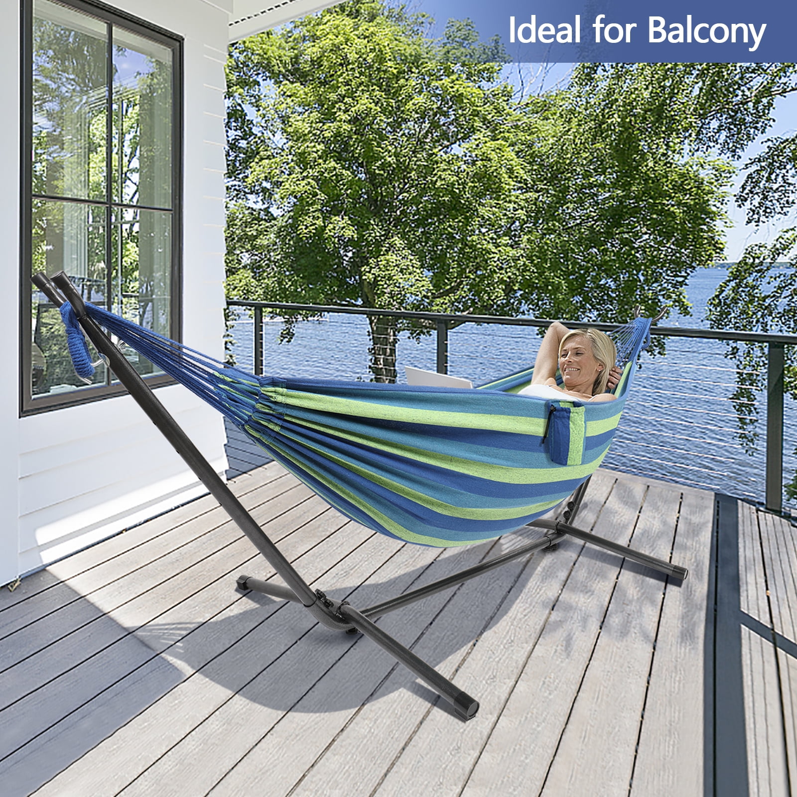 Ktaxon 9ft 200*150cm Polyester Cotton Hammock Hammock Set Blue Strip