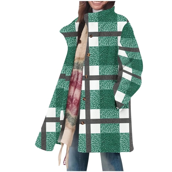 Admvng Womens Plaid Sherpa Coat Mid Length Stand Collar Fall Winter Outdoor Fuzzy Fleece Jacket with Pockets
