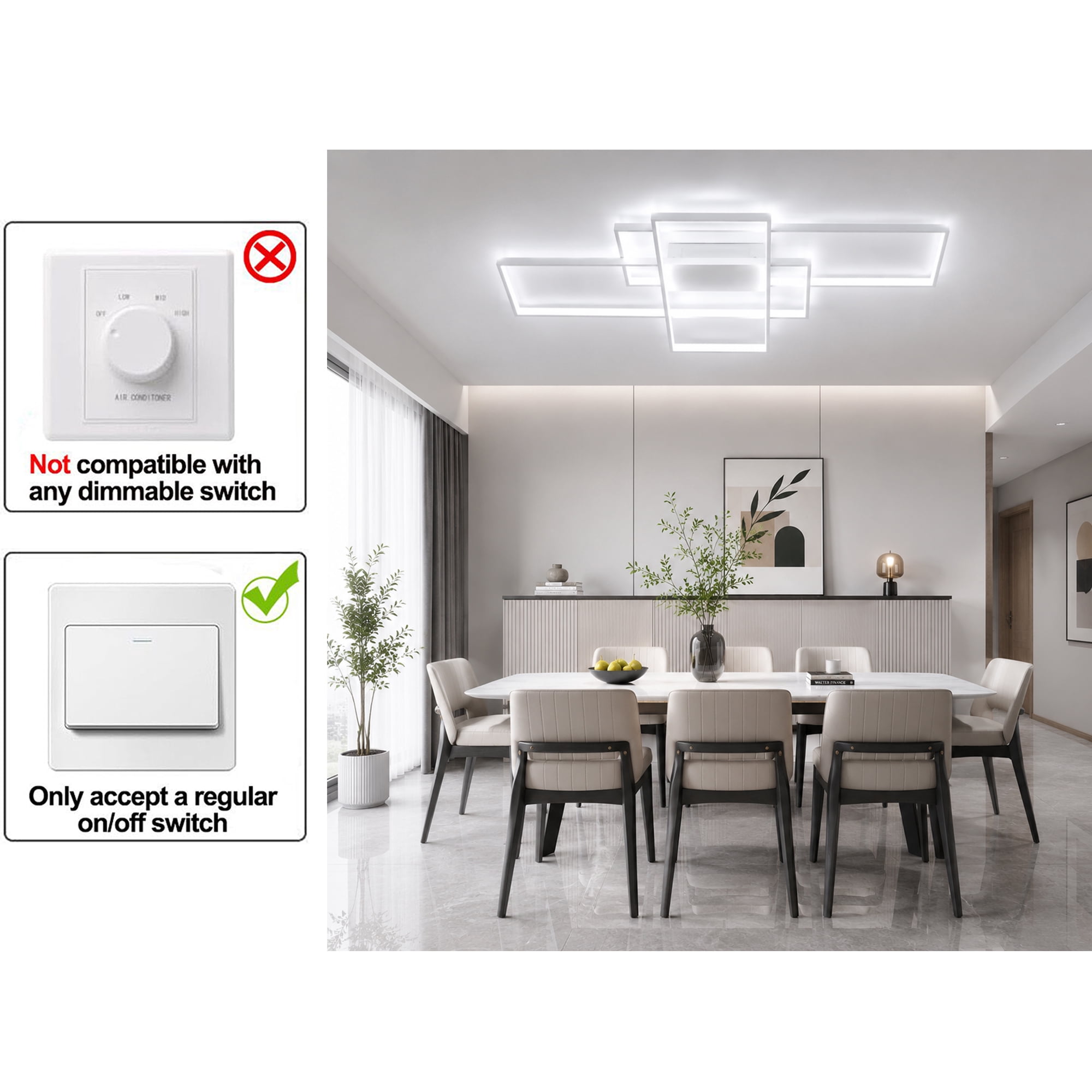 Garwarm Modern White LED Ceiling Light 75W, 3-Square Acrylic Flush Mount Ceiling Lamp, 6500K Cool White Ceiling Light Fixture for Living Room, Bedroom, Kitchen, Dining Room, Study
