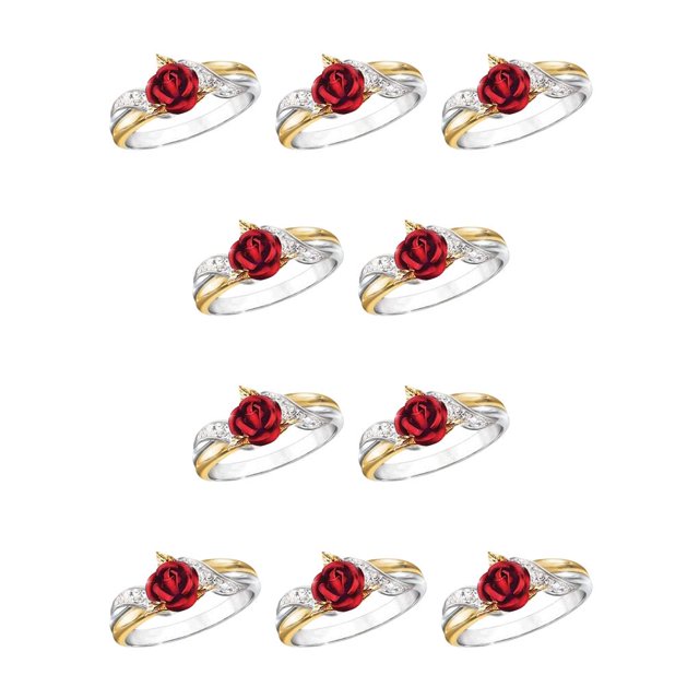 Jumpingount Anillo de rosa roja 3D para mujer, hojas de flores, diamantes de imitación, joyería sencilla de tonos, estilo europeo para boda, siete 10Conjunto