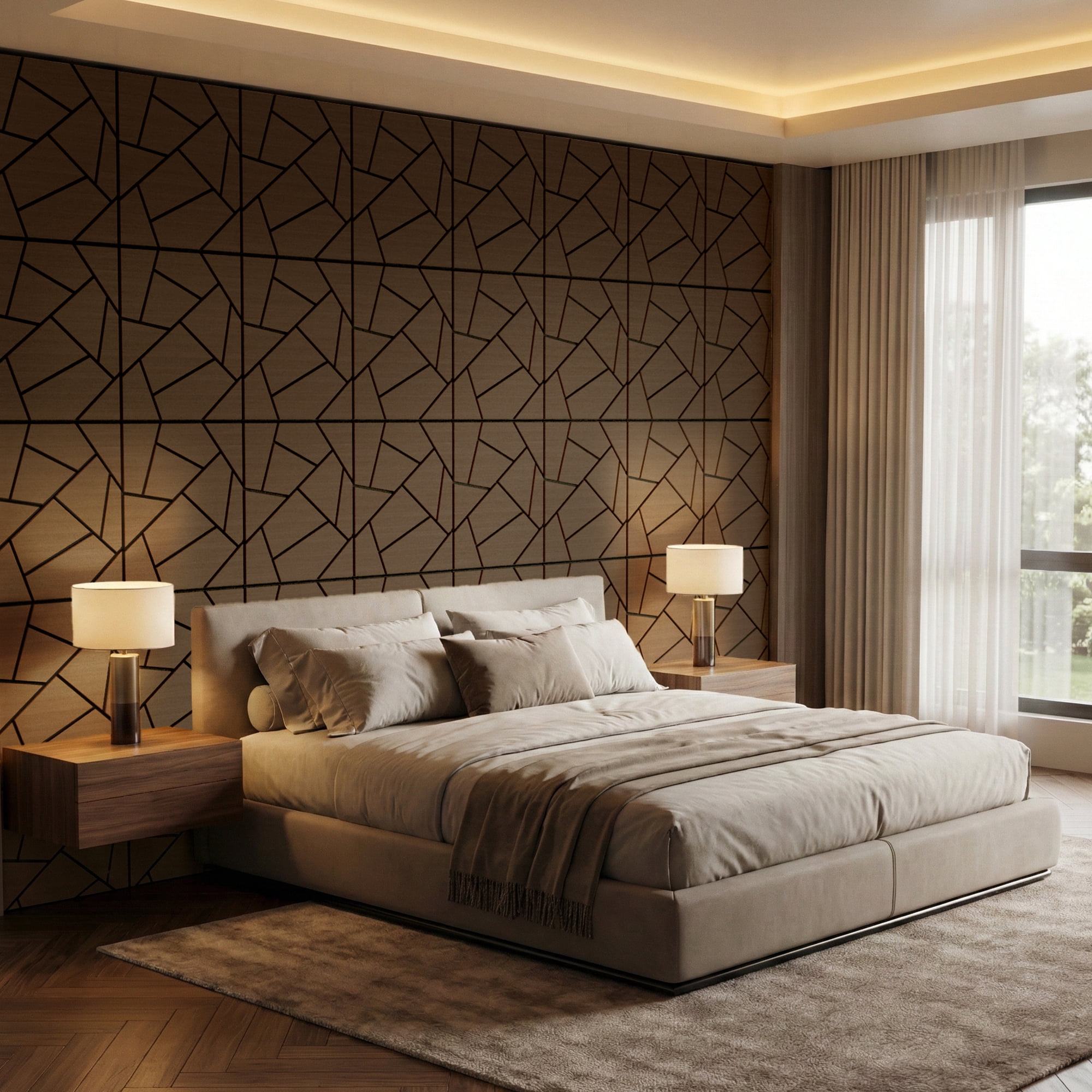 Fahomiss Abstract Geometric Acoustic Wood Slat Wall Tiles 4-Pack 24"x24", 3D Panel, Walnut