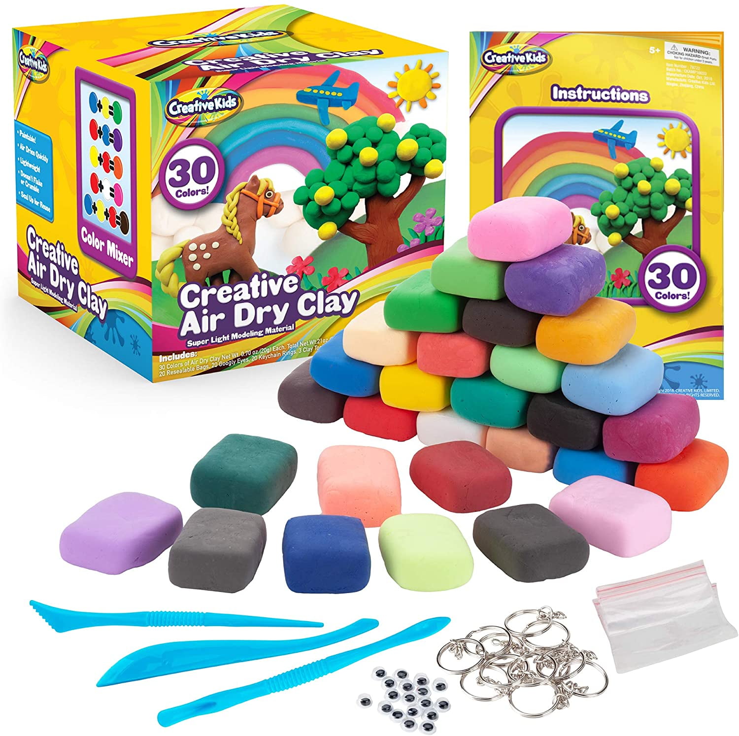 Creative Kids Air Dry Clay Modeling Crafts Kit For Children Super Light Nontoxic 30 Vibrant Colors 3 Clay Tools Stem Educational Diy Molding Set Easy Instructions