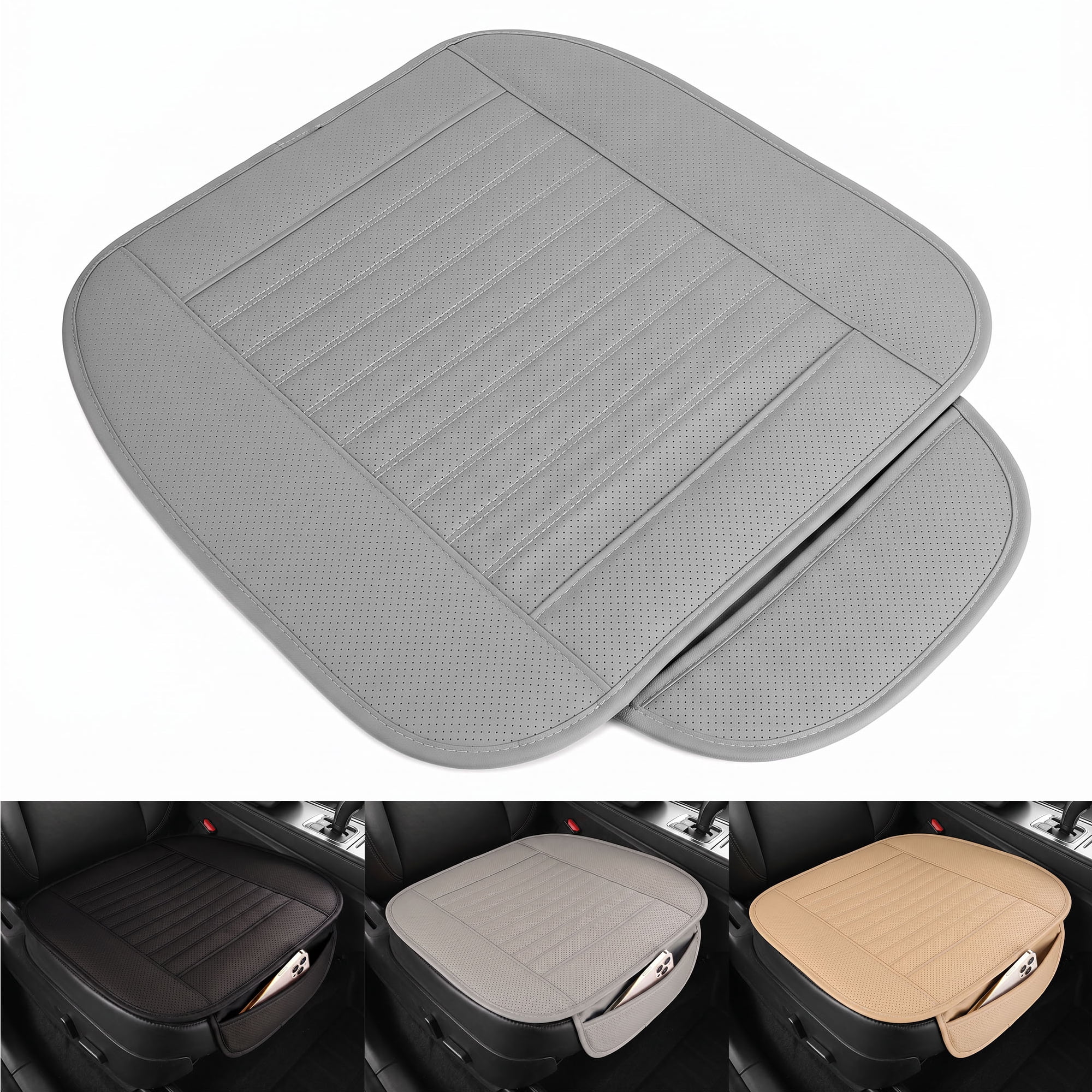 Gustave Universal Car Seat Cover, Car Front Seat Cushion Breathable PU Leather Pad Mat Non Slip Bottom for Auto Supplies Office Chair with Storage Pouch "Gray"