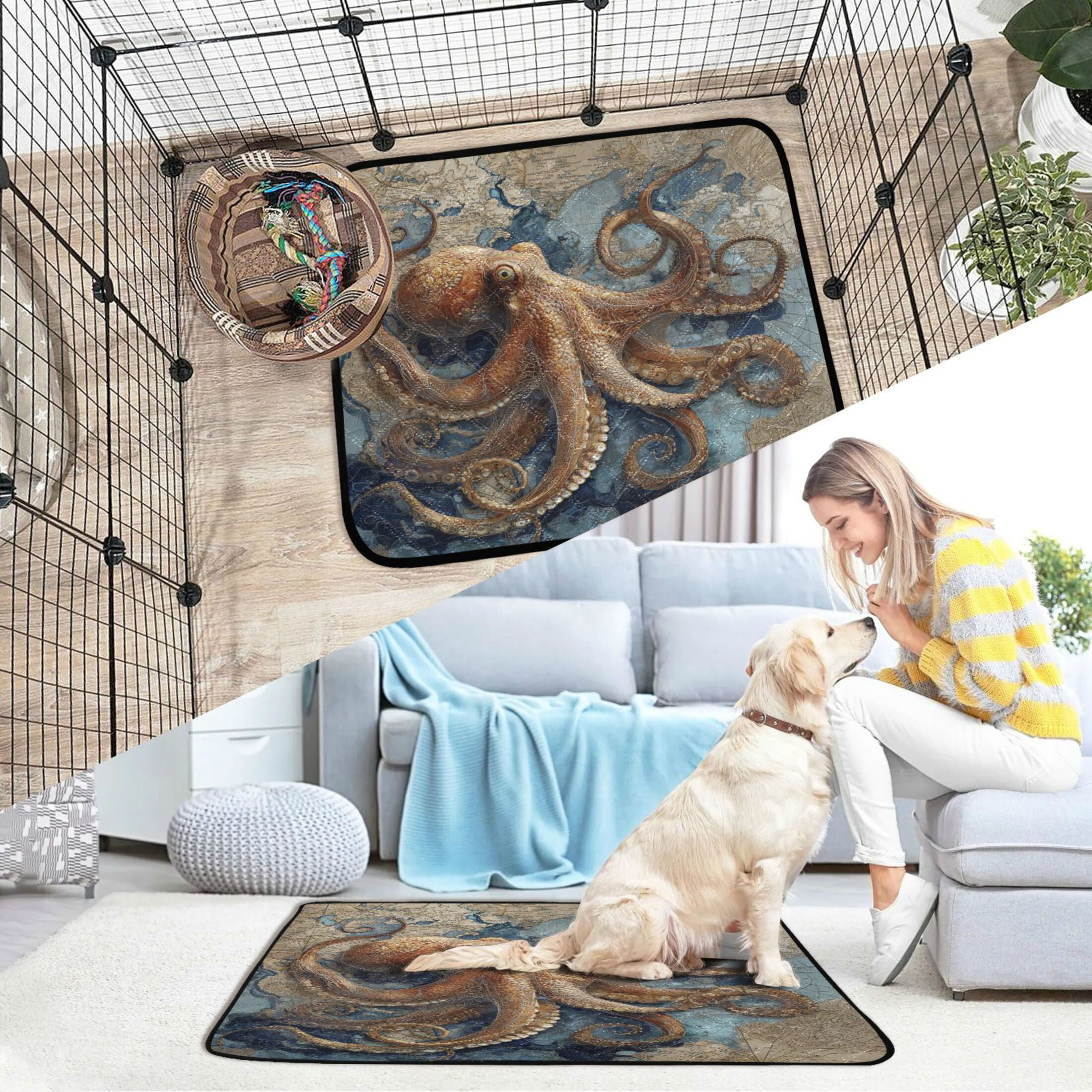 Qxltty Deep Sea Octopus Cat litter Pads Pet Set of 2 Diaper Mats Center Anti-leakage Layer Absorbent Soft and Comfortable