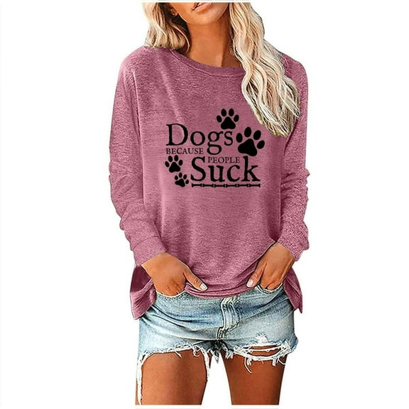 Cute Print Tops for Women Crew Neck Long Sleeve Letter Dog Graphic Casual Loose Sweatshirts Spring Fashion Shirts(Pink,XL)