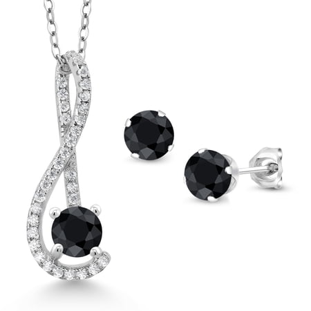 Gem Stone King 2.33 Ct Black Sapphire White Created Sapphire 925 Sterling Silver Pendant and Earrings Jewelry Set