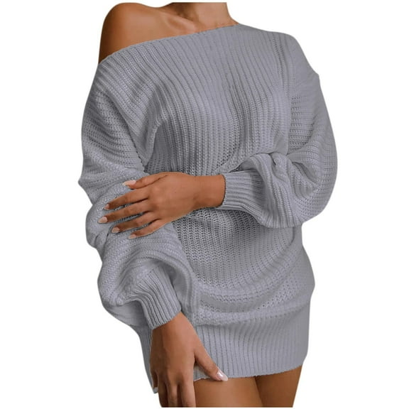 Ynynloco Oversized Women Sweater Dress Off Shoulder Long Lantern Sleeve One Shoulder Ribbed Knit Dresses Solid Color Casual Pullover Mini Dress