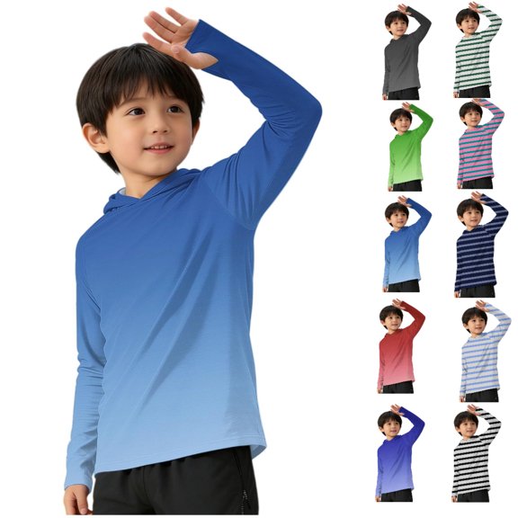 HAOTAGS Athletic Shirts Boys,UV Protection Sun Protection Gradient Print Hooded Long Sleeve Shirts Light Blue 9-10T