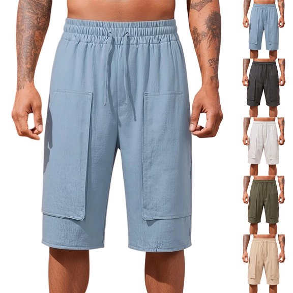 Men's Casual Linen Cargo Shorts, Trousers, Joggers Elastic Waist Drawstring Relaxed Fit Loose, Quick Dry Breathable Lightweight Multi Pocket, Beach Vacation Gym Workout Hiking