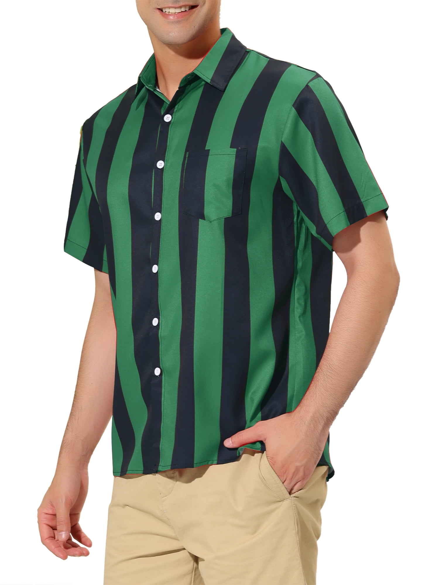 Unique Bargains Men's Striped Short Sleeves Button Down Print Shirt S Dark Green