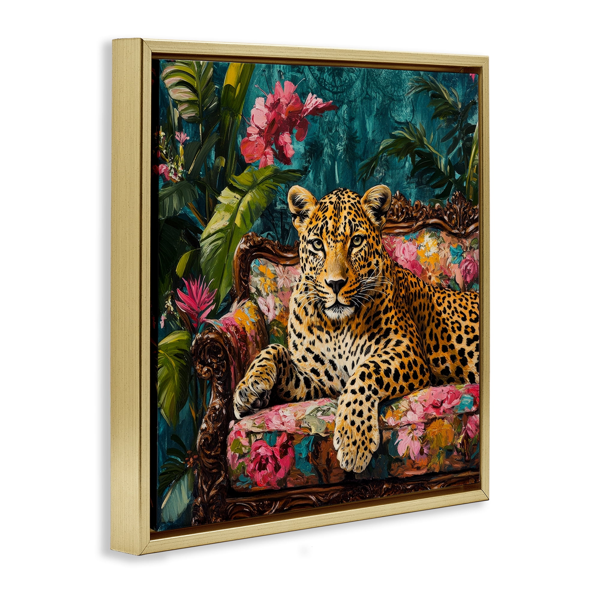 Stupell Industries Fashionable Leopard on Floral Sofa Gold Framed Floater Canvas Wall Art, design by Petal Prints Design