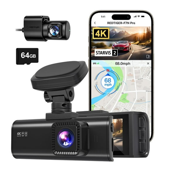REDTIGER 4K Front and Rear Dash Cam, STARVIS 2 Sensor, 4K/2.5K 1080P Dual Dash Dam, Built-in WiFi & GPS, 3.18-inch IPS Screen, 170° Wide Angle, Parking Mode, 64GB card