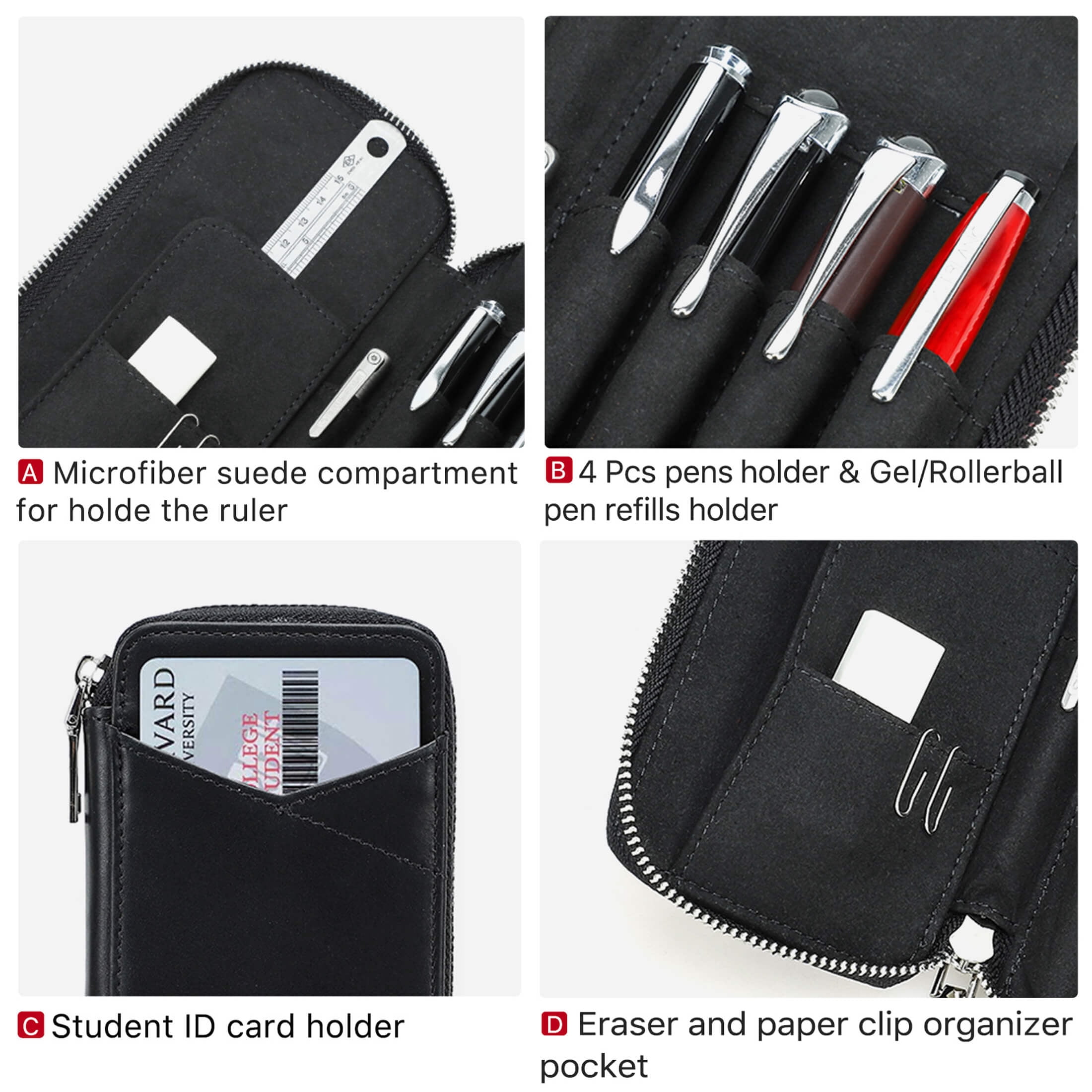 Hiram Genuine Leather Pencil Case with 4 Slots, Handmade Multifunctional Zipper Fountain Pen Bag, Student Stationery Pen Box (Black)