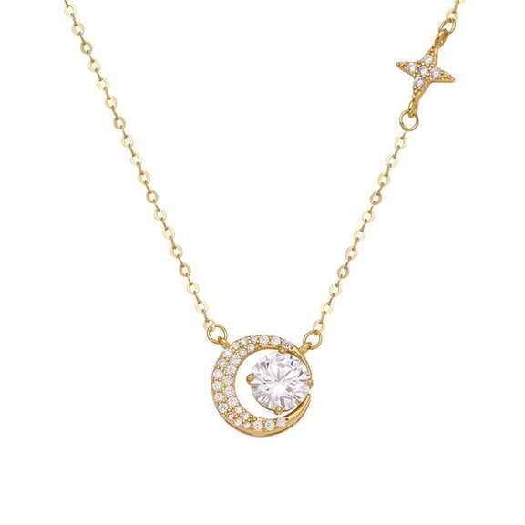 VEYRAH Moon Star Pendant Necklace for Women, Gold Tone Crescent Moon Necklace with Cubic Zirconia Stone and Star Charm, Sparkling Celestial Jewelry Gift