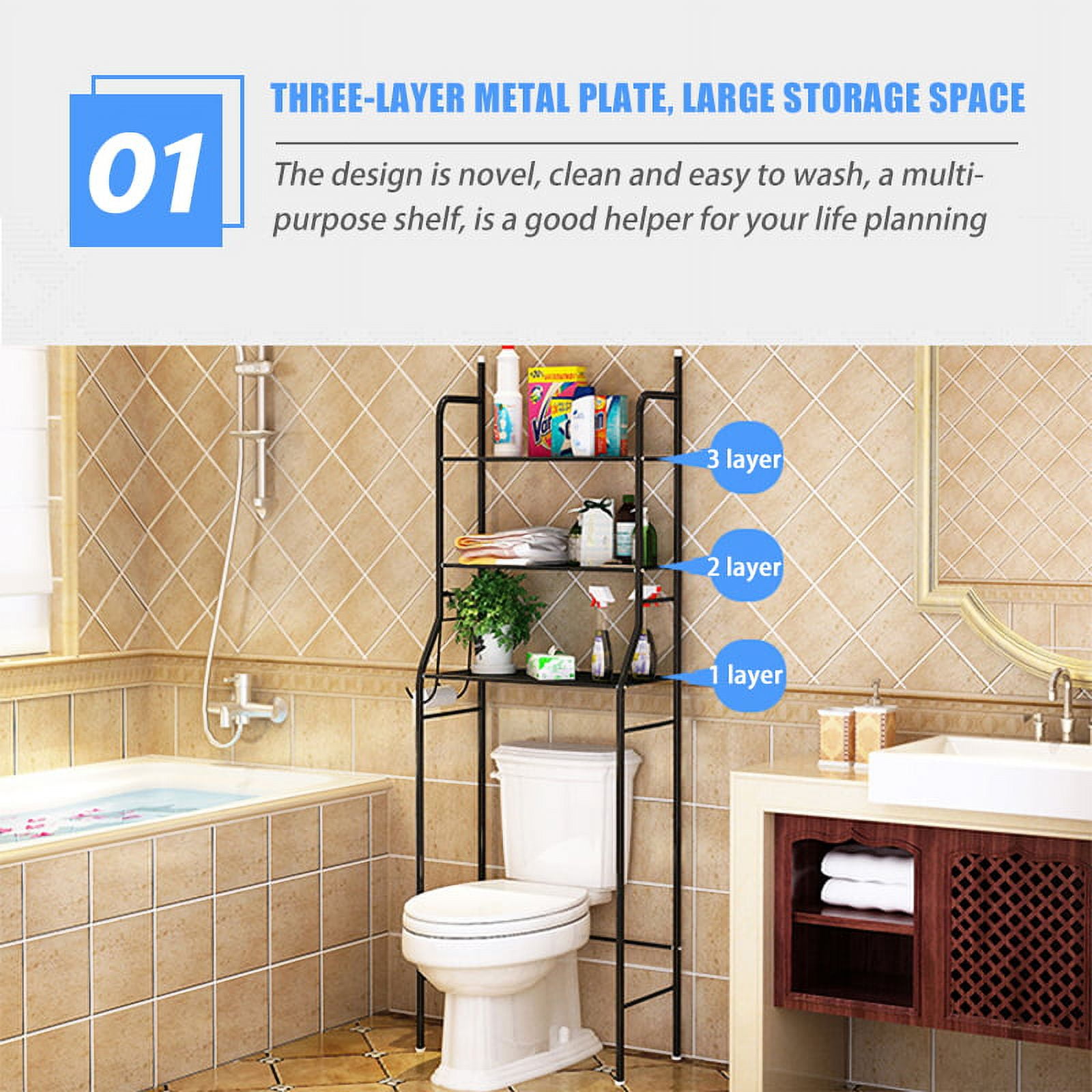 Over The Toilet Storage 3-Tier Bathroom Shelf 62*24*10 Inch Metal Bathroom  Organizer Over Toilet Bathroom Storage Rack