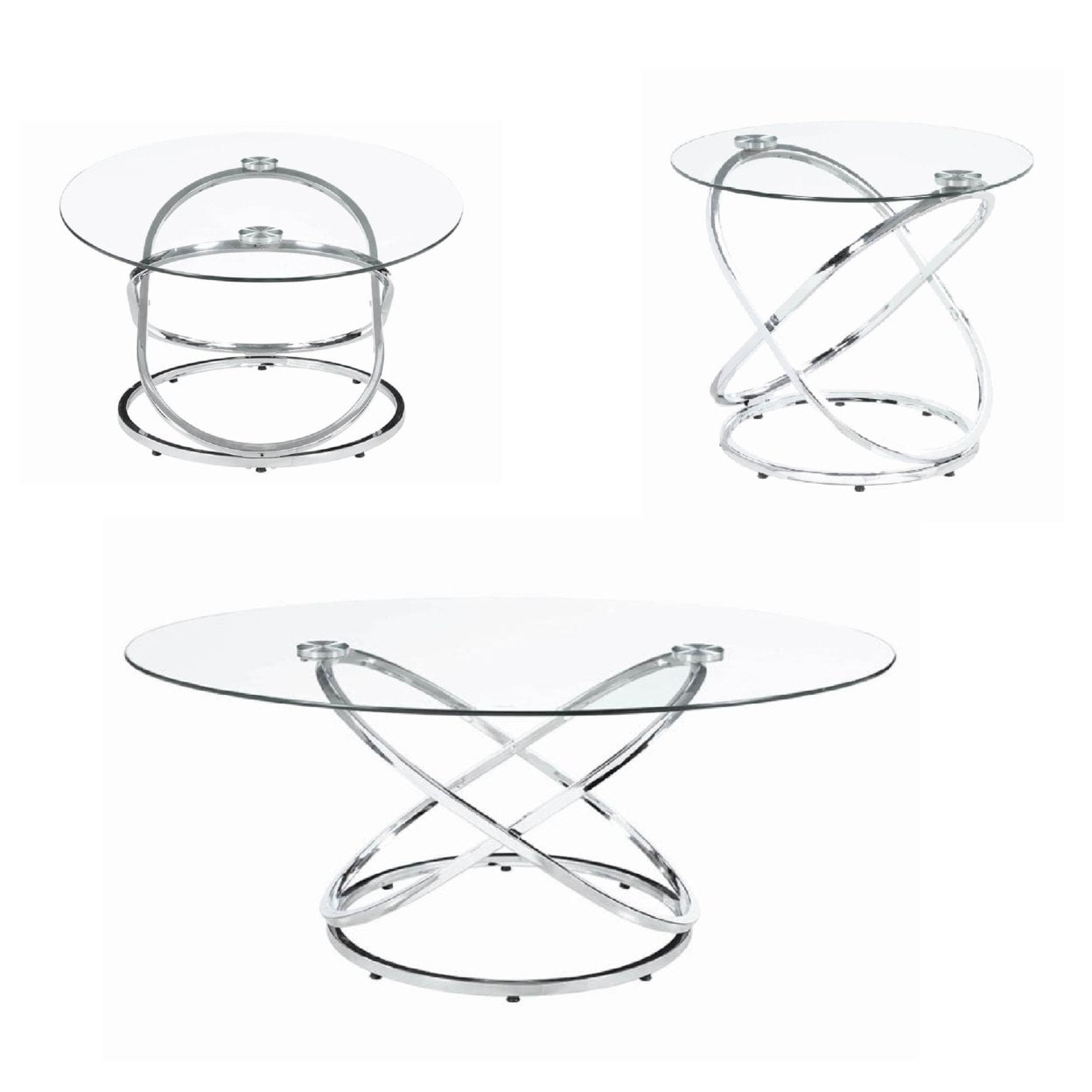 Modern 3 Piece Coffee Table Set With 2 End Tables Glass Tabletop Chrome Saltoro Sherpi