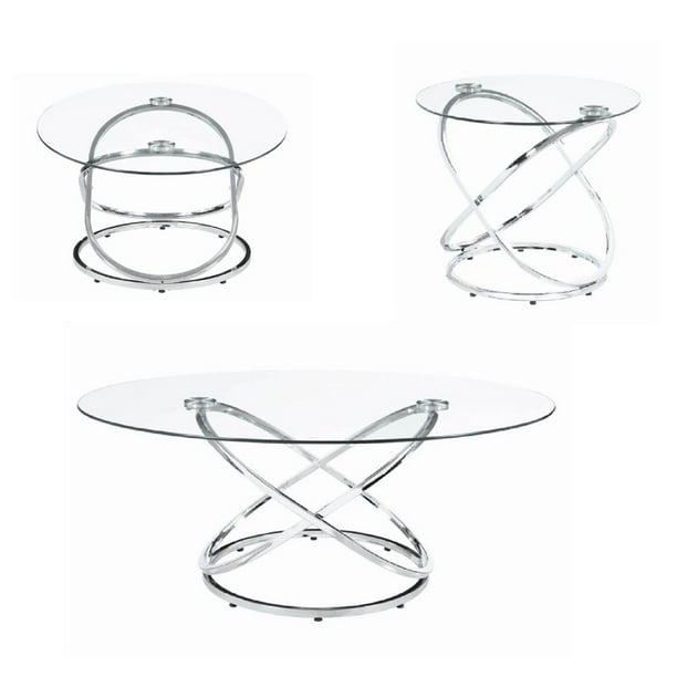 Modern 3 Piece Coffee Table Set with 2 End Tables, Glass Tabletop, Chrome Saltoro Sherpi
