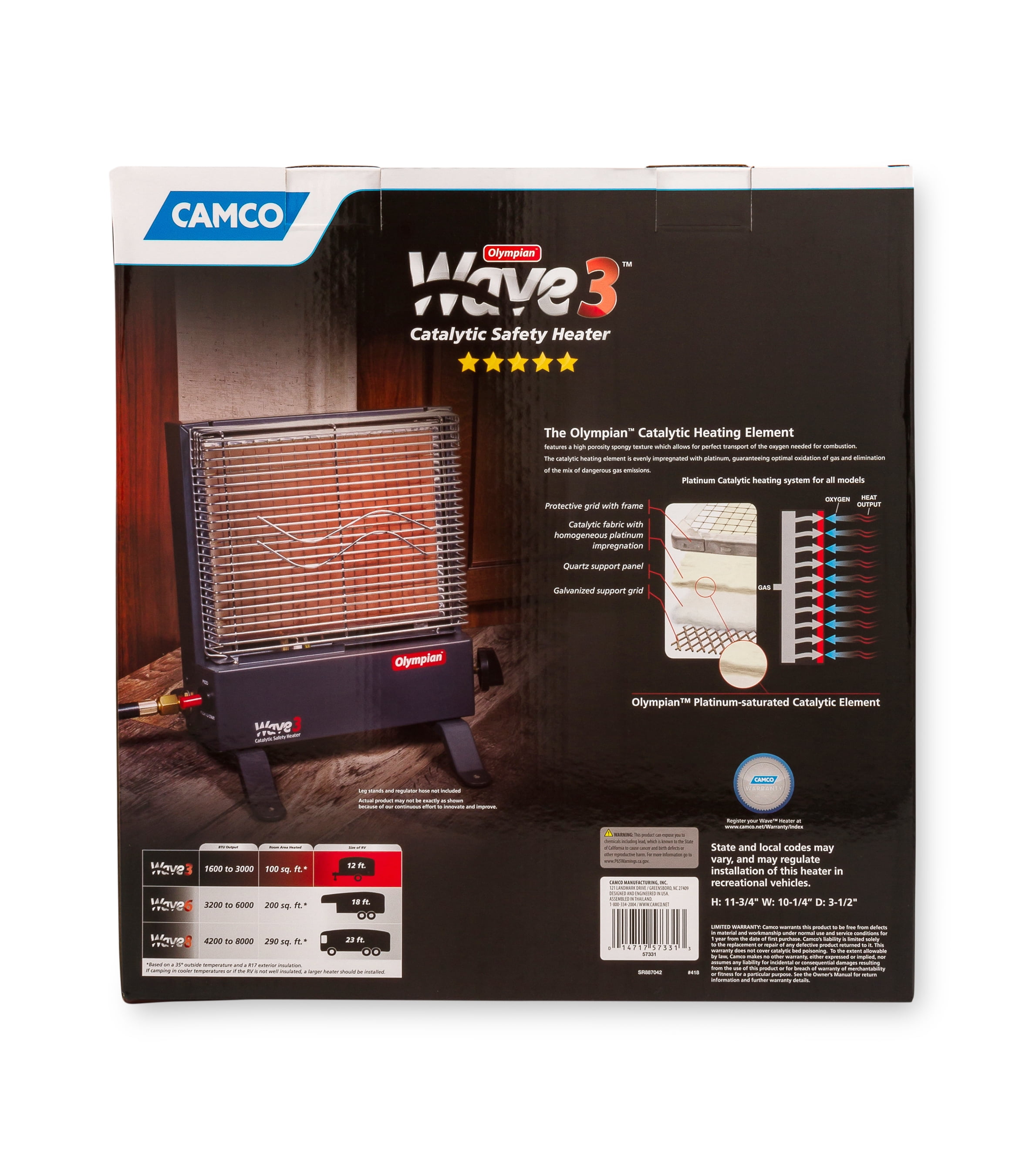 Camco Olympian RV Wave3 LP Gas Catalytic Safety Heater, Adjustable