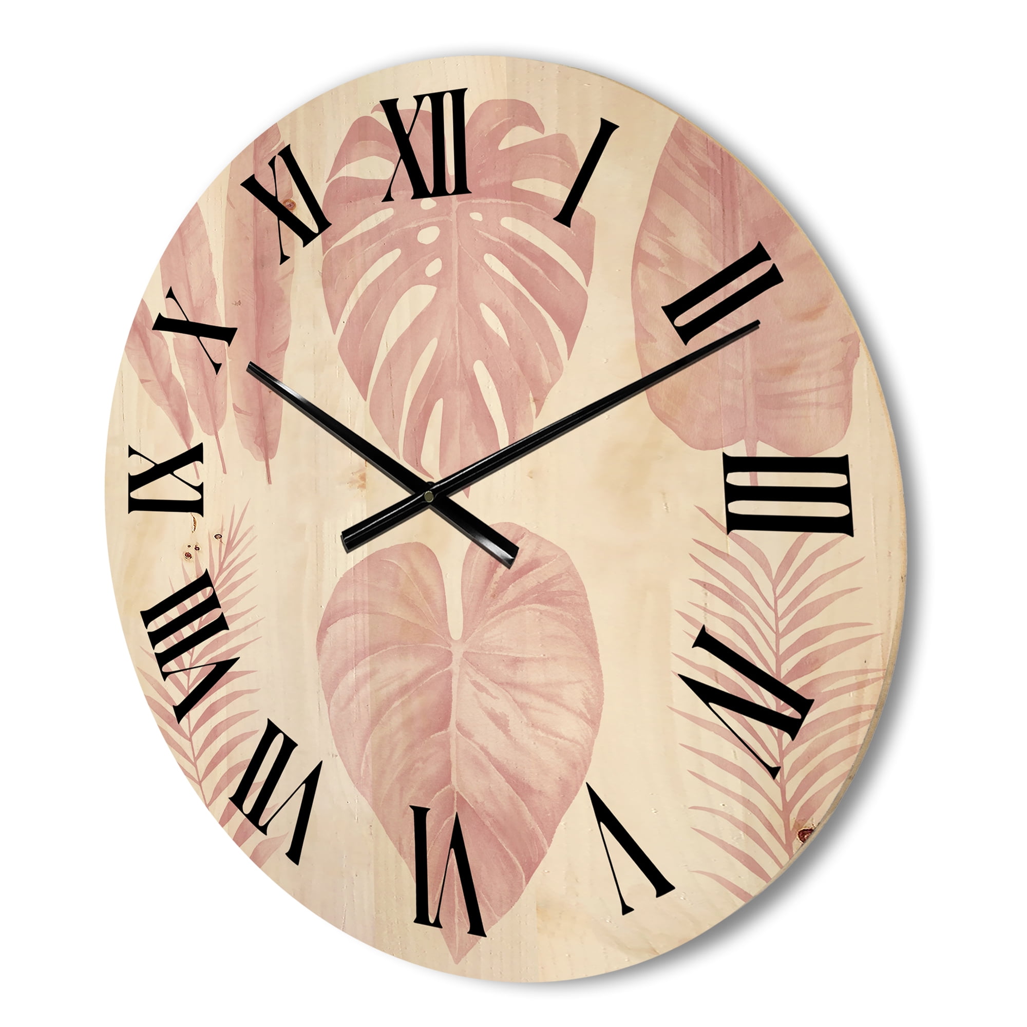 Designart 'Tropical Pink Watercolour Leaves On White I' Shabby Chic Wood Wall Clock