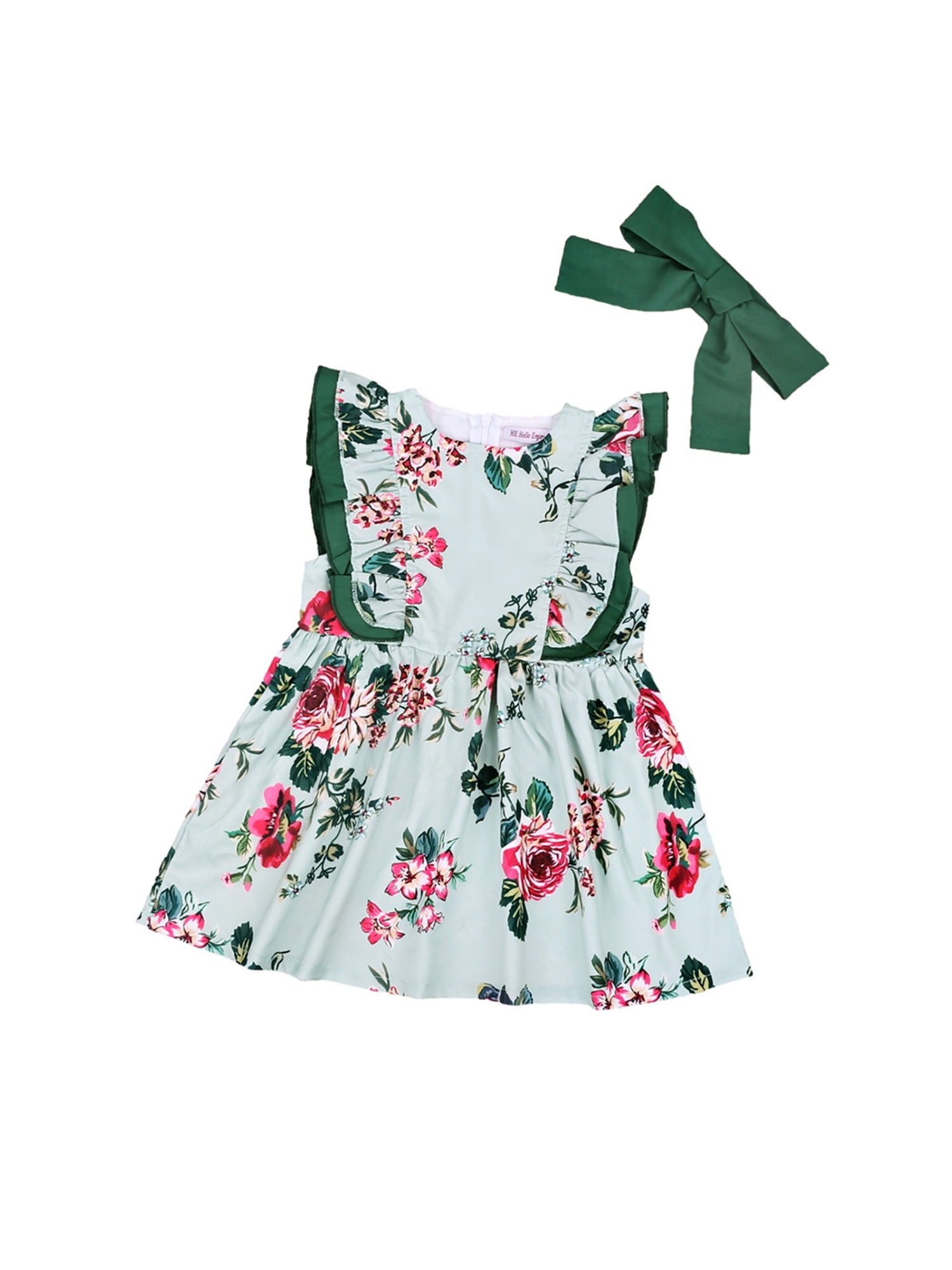 Loalirando Summer Toddler Baby Girls Ruffles Sleeve Flowers Print Bowknot A-line Sundress Tutu Skirts Party Dress One-Piece Outfits