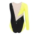 thumbnail image 2 of HULIJA Girls Asymmetrical Leotard for Gymnastics Sportwear Round Neck Shiny Rhinestones Color Block Performance Top Fluorescent Yellow 14, 2 of 6