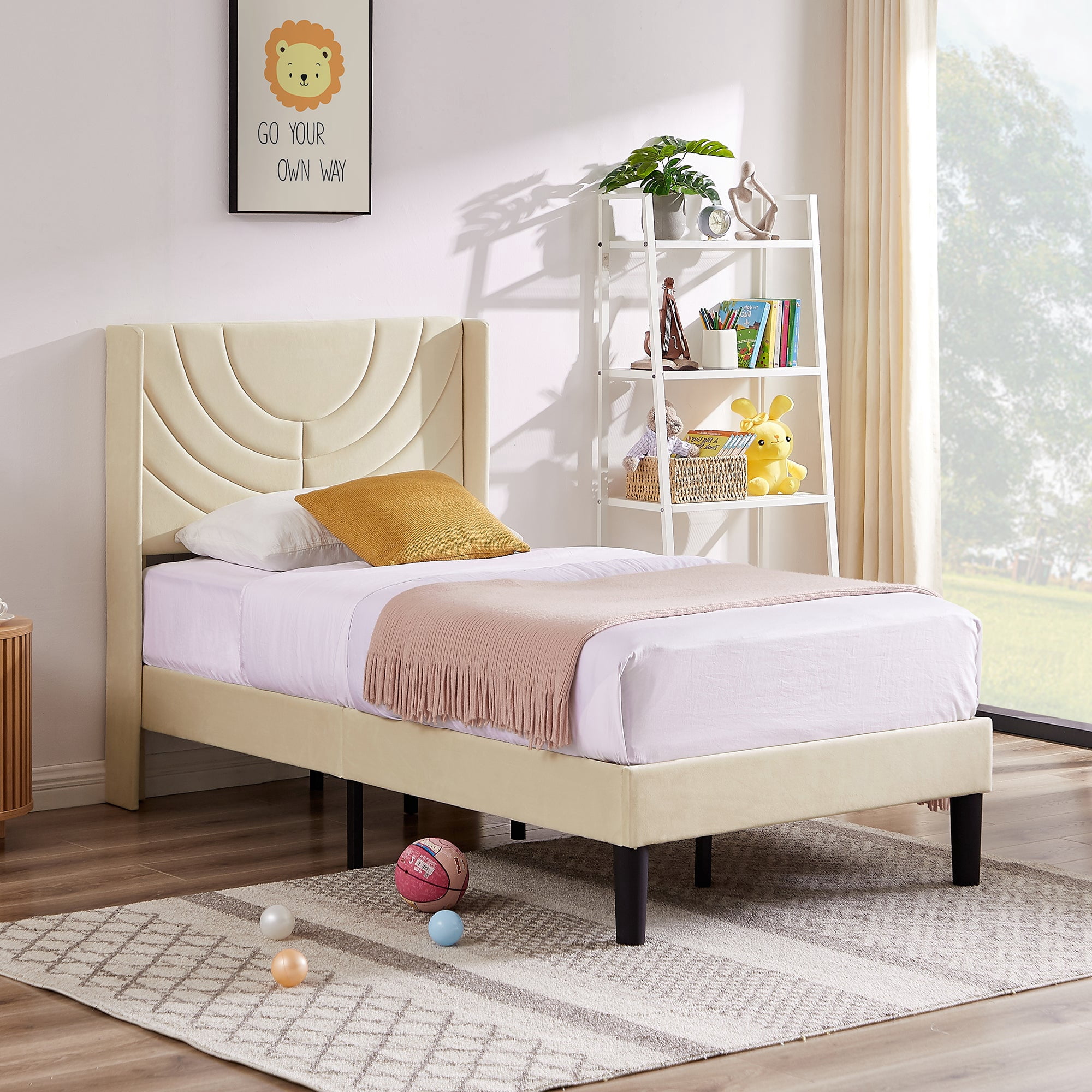 Taomika, Twin Size Upholstered Height-adjustable Platform Bed Frame with Wingback Headboard-Beige