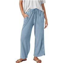 QQAMB Women's Pants Casual Wide Leg High Waist Drawstring Sweatpants Baggy Athletic Trousers with Pockets Light Blue XL