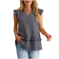 thumbnail image 4 of Htigea Ruffle Sleeveless Shirts for Women V Neck Stretch Slim Fit Blouses Cute Tee Solid Color Summer Tops Gray M, 4 of 7