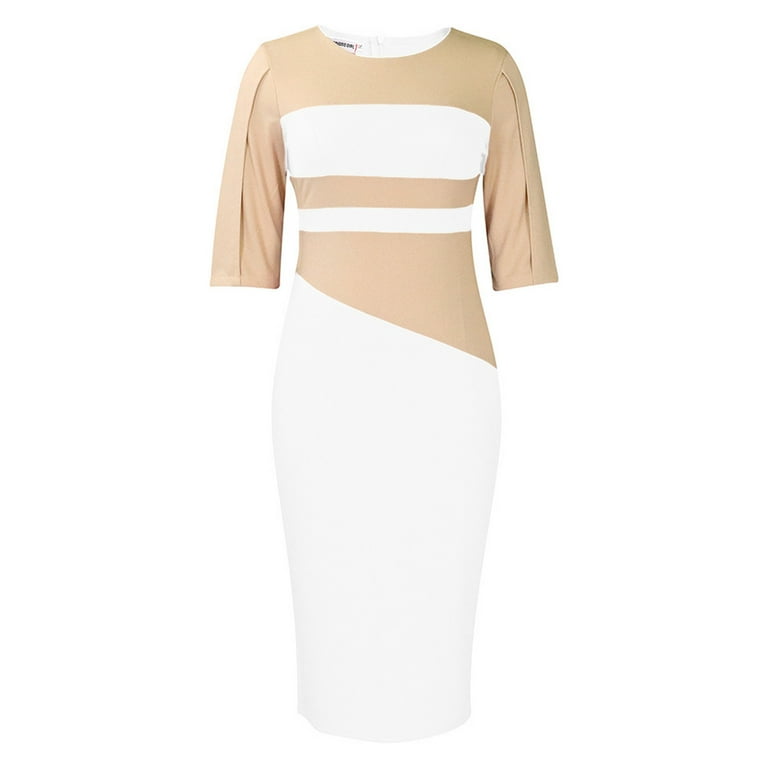 white knee length pencil dress safuny Women's Plus Size Knee Length Pencil Dress Solid Color Block Winter  Autumn Dresses Round Neck Elegant Casual Trendy Half Sleeve Holiday White L