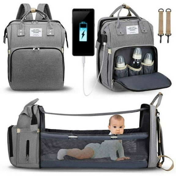 Teblint Diaper Bag Backpack, Multifunction Baby Diaper Bag, Baby Bag with Foldable Crib & Insulated Milk Bottle Pocket, Large Capacity Travel Backpack with USB Charging Port