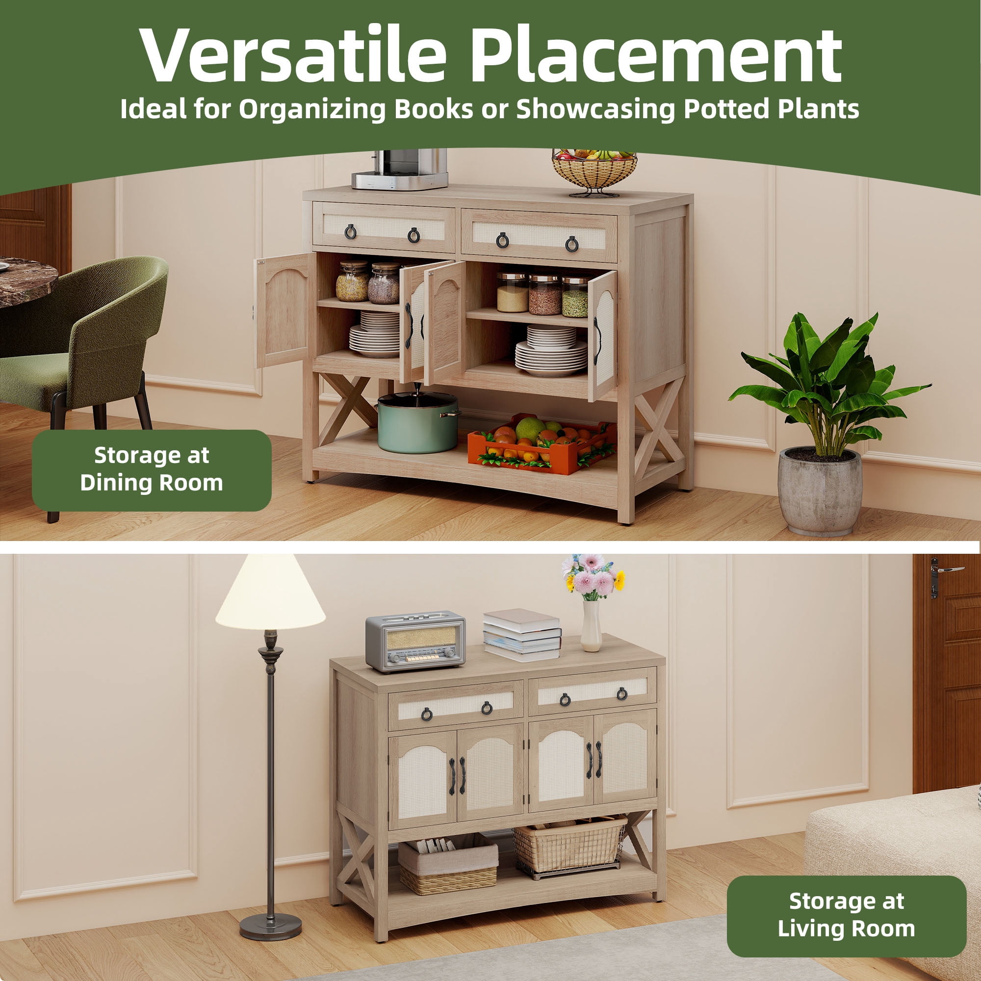 Uforic Buffet Storage Cabinet with Drawers & Doors, 47.2" Kitchen Cabinet with Adjustable Shelves, Oak